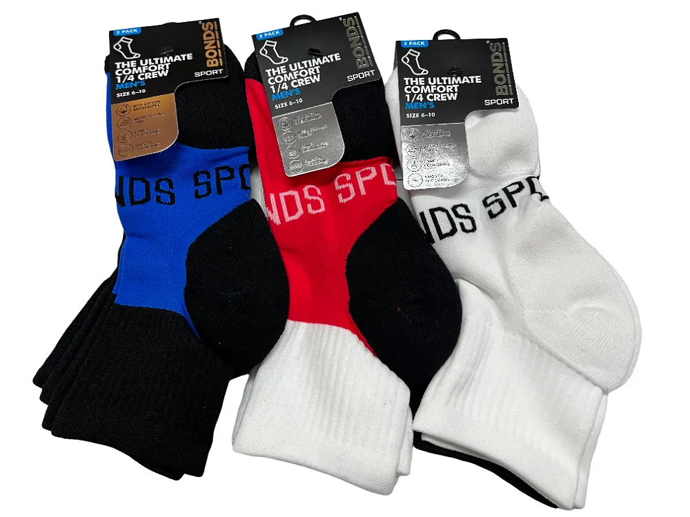 24 X Bonds Mens Ultimate Comfort Quarter Crew Sport Socks Assorted