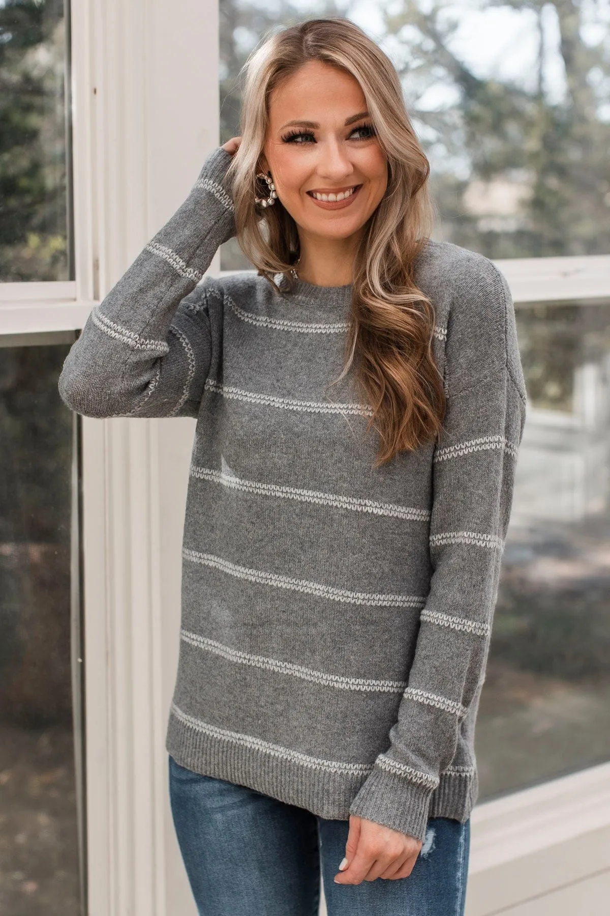 Admire You Striped Knit Sweater- Grey