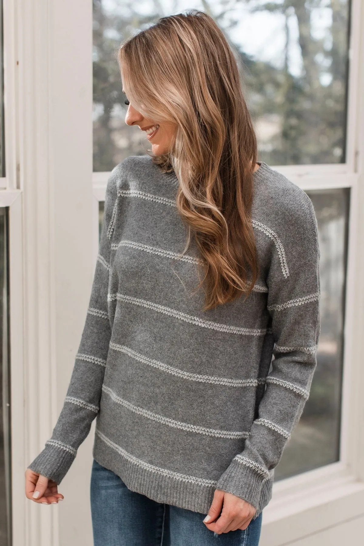 Admire You Striped Knit Sweater- Grey