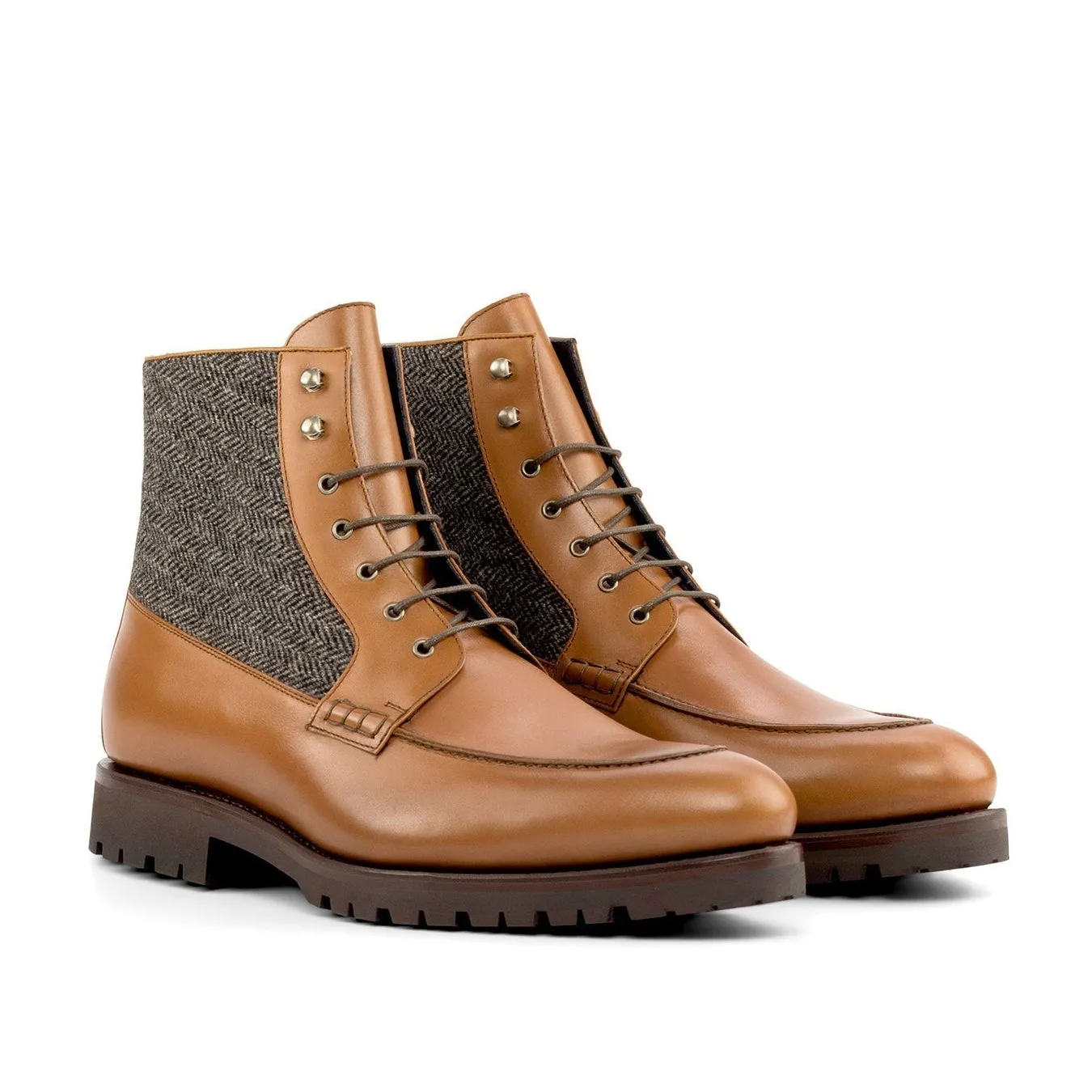 Ambrogio Bespoke Men's Shoes Black & Brown Herringbone Fabric / Calf-Skin Leather Mocassin Boots (AMB2264)