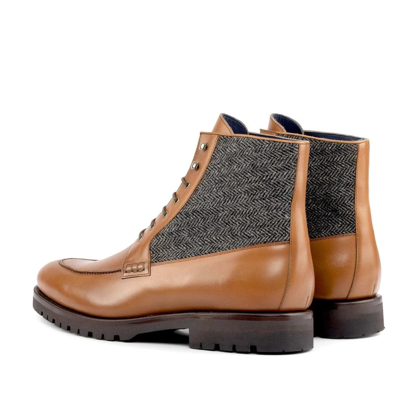 Ambrogio Bespoke Men's Shoes Black & Brown Herringbone Fabric / Calf-Skin Leather Mocassin Boots (AMB2264)