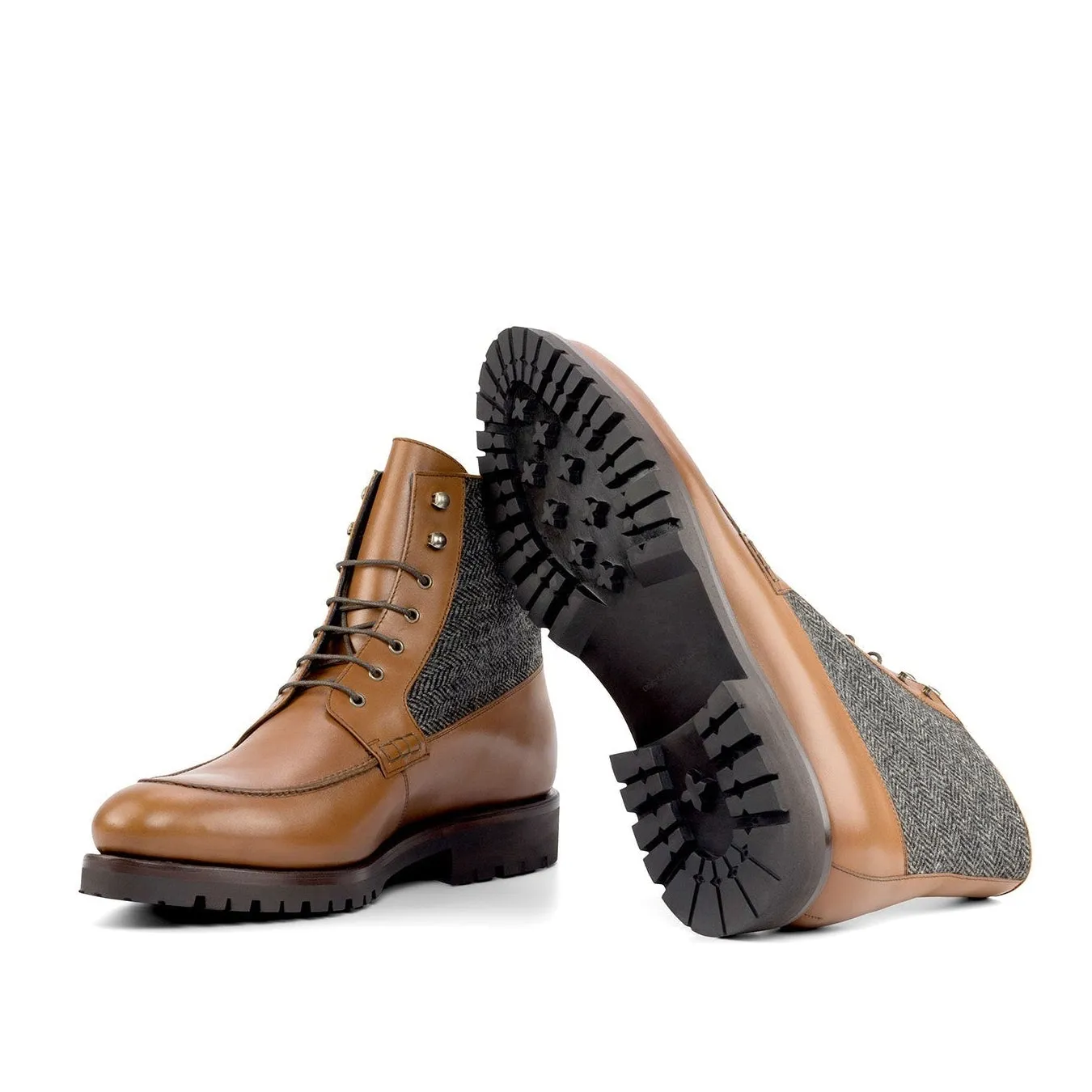 Ambrogio Bespoke Men's Shoes Black & Brown Herringbone Fabric / Calf-Skin Leather Mocassin Boots (AMB2264)