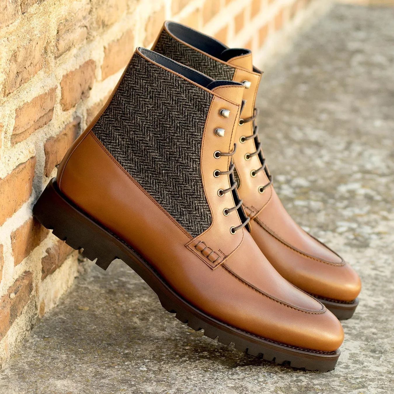 Ambrogio Bespoke Men's Shoes Black & Brown Herringbone Fabric / Calf-Skin Leather Mocassin Boots (AMB2264)