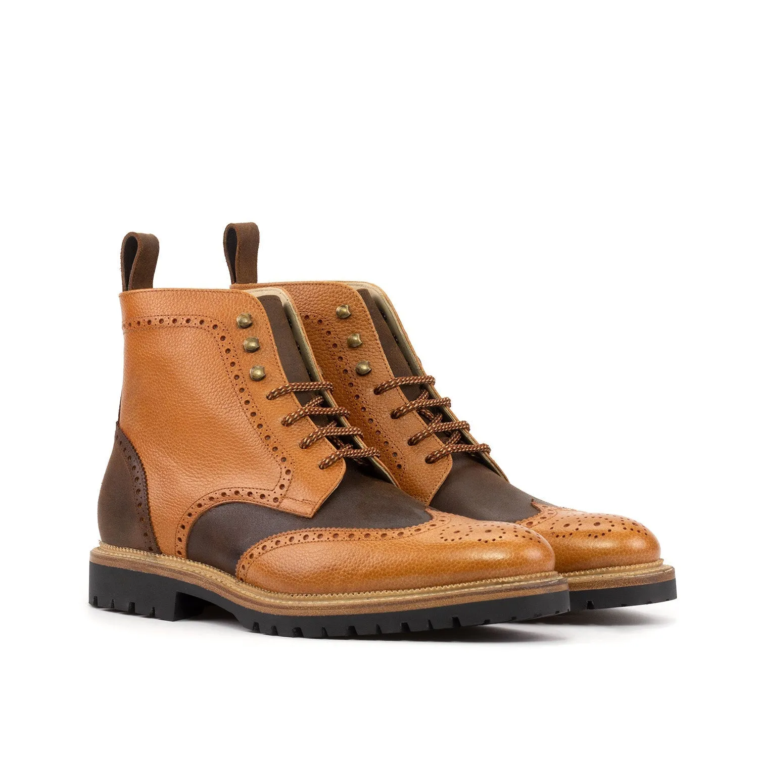 Ambrogio Bespoke Men's Shoes Cognac & Brown Waxed Suede / Full Grain Leather Military Brogue Boots (AMB2548)