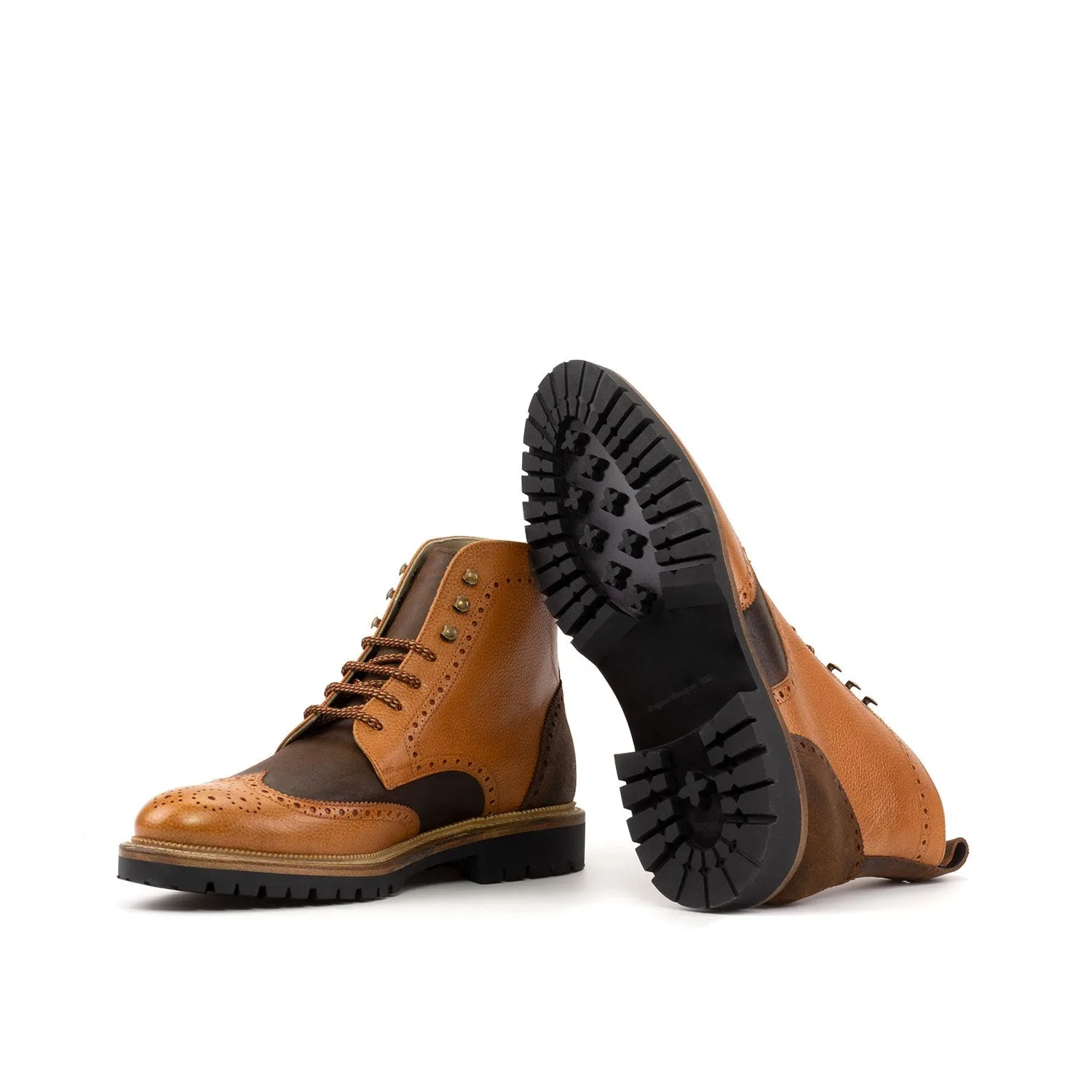 Ambrogio Bespoke Men's Shoes Cognac & Brown Waxed Suede / Full Grain Leather Military Brogue Boots (AMB2548)