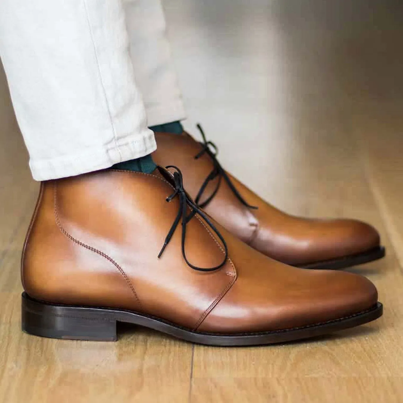 Ambrogio Bespoke Men's Shoes Cognac Calf-Skin Leather Chukka Boots (AMB2265)