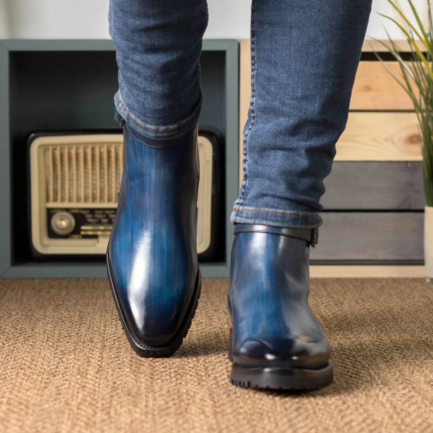 Ambrogio Bespoke Men's Shoes Denim Patina Leather Jodhpur Boots (AMB2390)