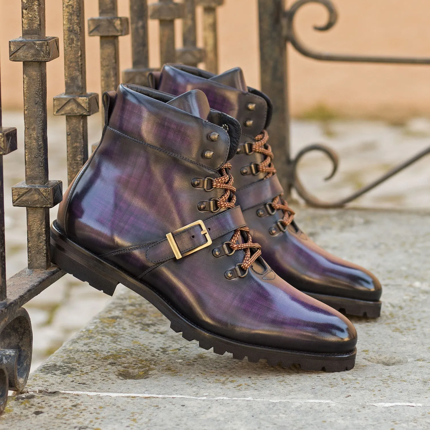 Ambrogio Bespoke Men's Shoes Purple Patina Leather Hiking Boots (AMB2281)