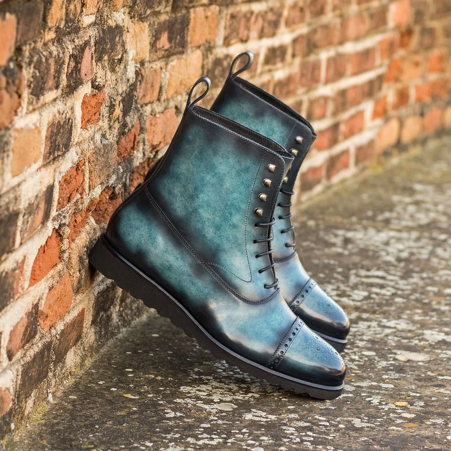 Ambrogio Bespoke Men's Shoes Turquoise Patina Leather Balmoral Boots (AMB2272)