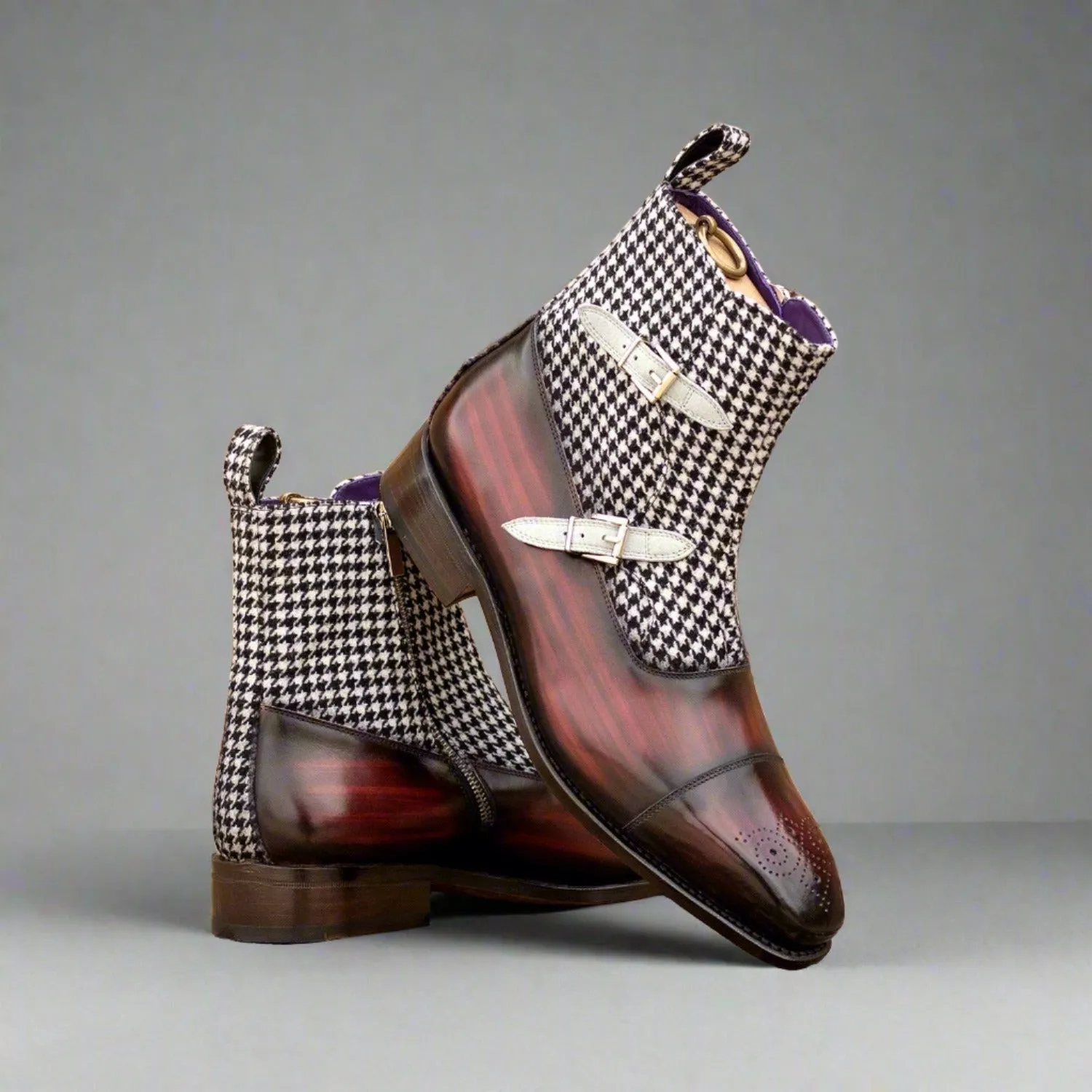 Ambrogio Luxury Men's Shoes Multi Color Houndstooth, Suede and Patina Leather Octavian Boots (AMB2534)