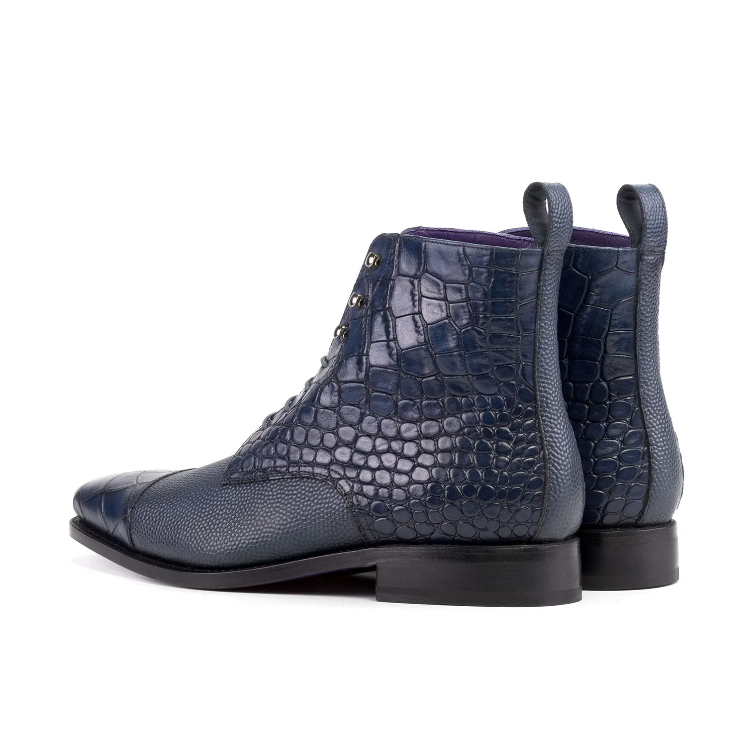 Ambrogio Luxury Men's Shoes Navy Crocodile Print / Pebble Grain Leather Jumper Boots (AMB2545)