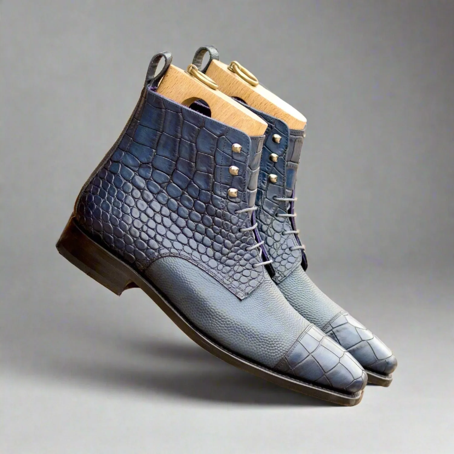 Ambrogio Luxury Men's Shoes Navy Crocodile Print / Pebble Grain Leather Jumper Boots (AMB2545)