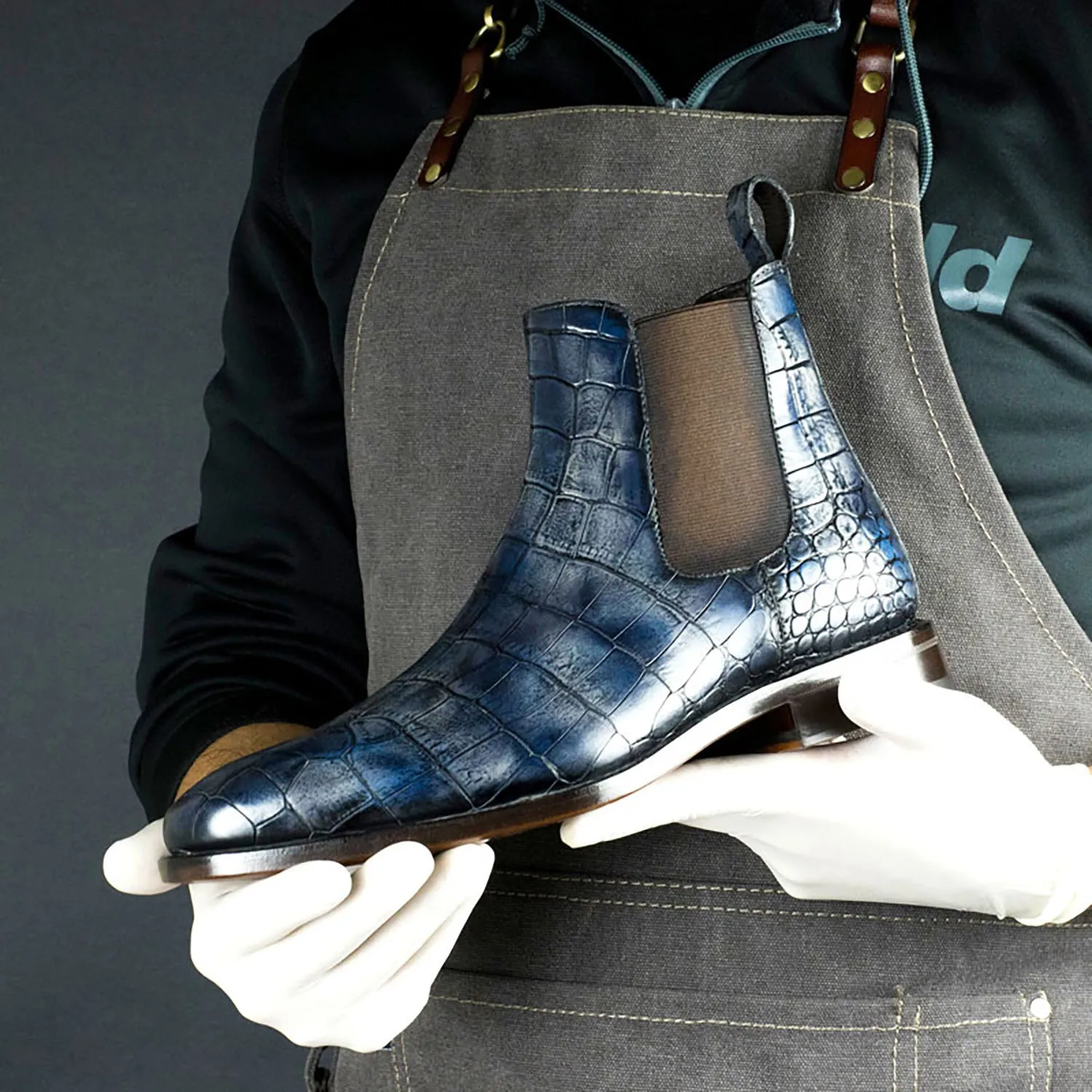 Ambrogio Men's Handmade Custom Made Shoes Blue Crocodile Print / Dakar Patina Leather Chelsea Boots (AMB1638)