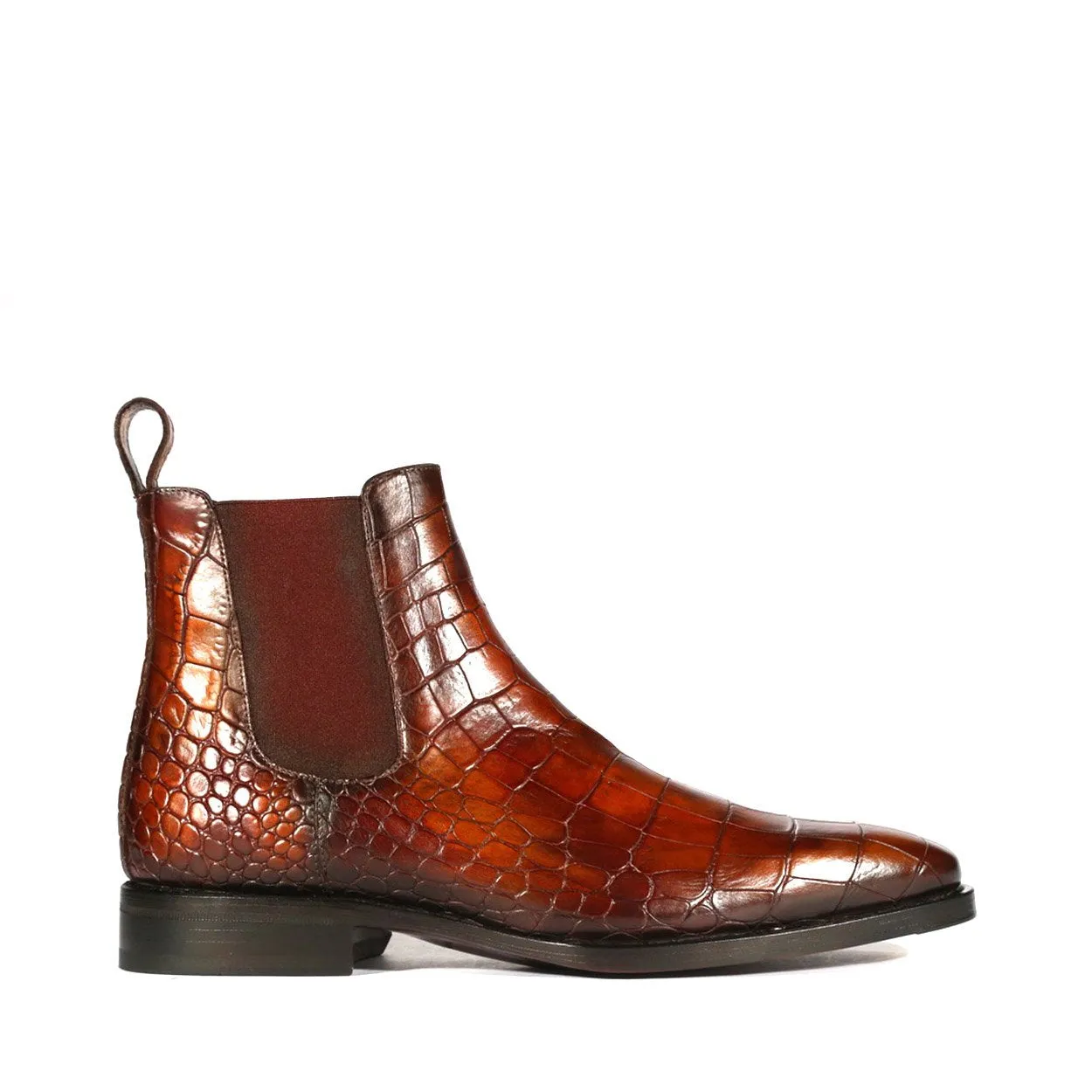 Ambrogio Men's Handmade Custom Made Shoes Brown Crocodile Print / Nairobi Patina Leather Chelsea Boots (AMB1637)