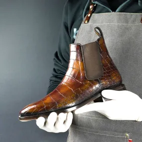 Ambrogio Men's Handmade Custom Made Shoes Brown Crocodile Print / Nairobi Patina Leather Chelsea Boots (AMB1637)