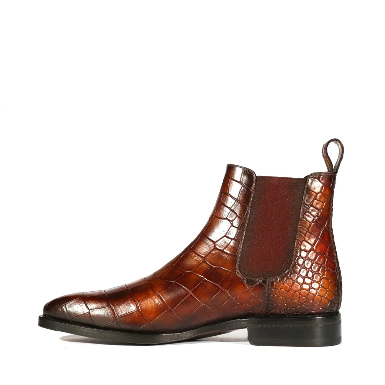 Ambrogio Men's Handmade Custom Made Shoes Brown Crocodile Print / Nairobi Patina Leather Chelsea Boots (AMB1637)