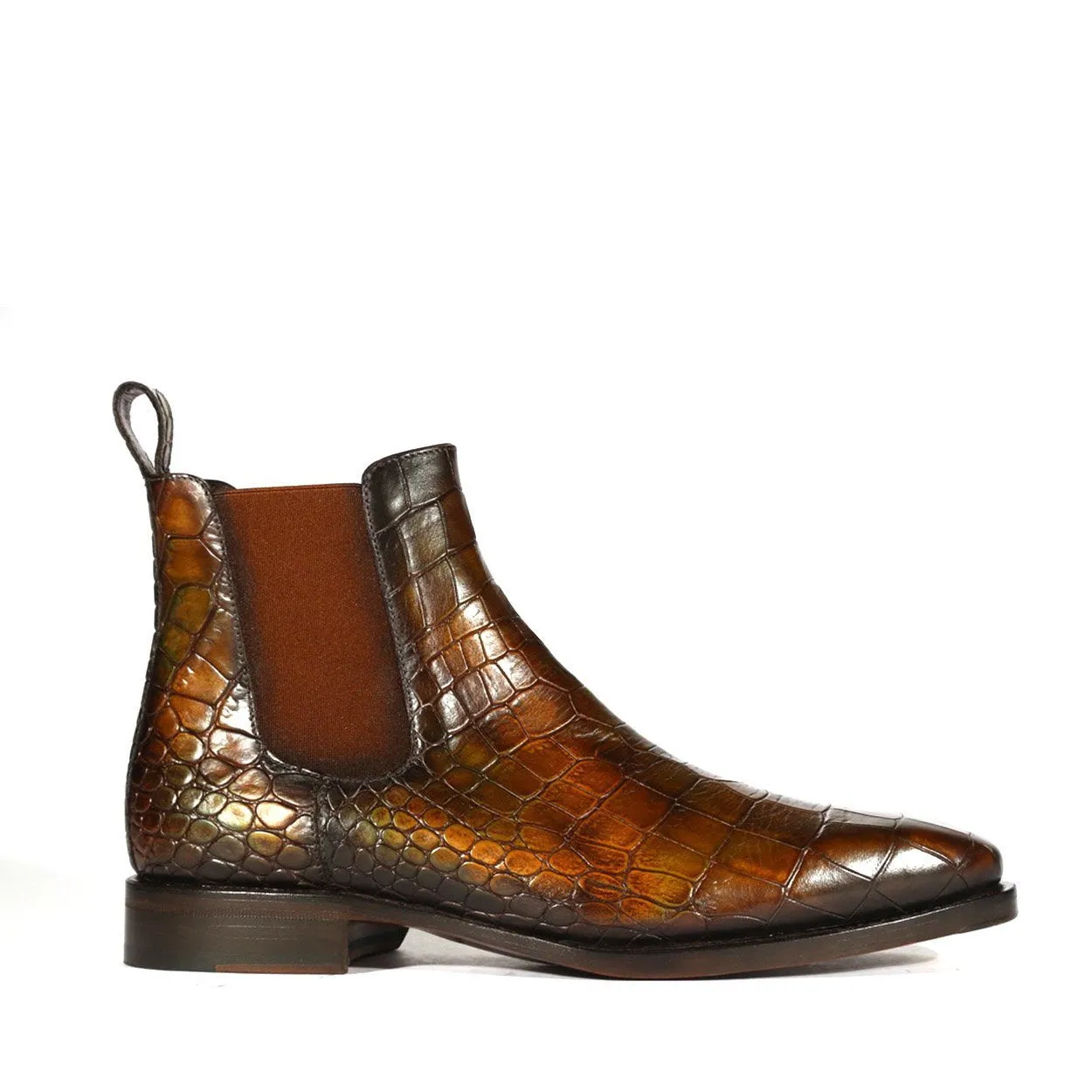 Ambrogio Men's Handmade Custom Made Shoes Forest Green Crocodile Print / Cairo Patina Leather Chelsea Boots (AMB1639)