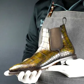 Ambrogio Men's Handmade Custom Made Shoes Forest Green Crocodile Print / Cairo Patina Leather Chelsea Boots (AMB1639)