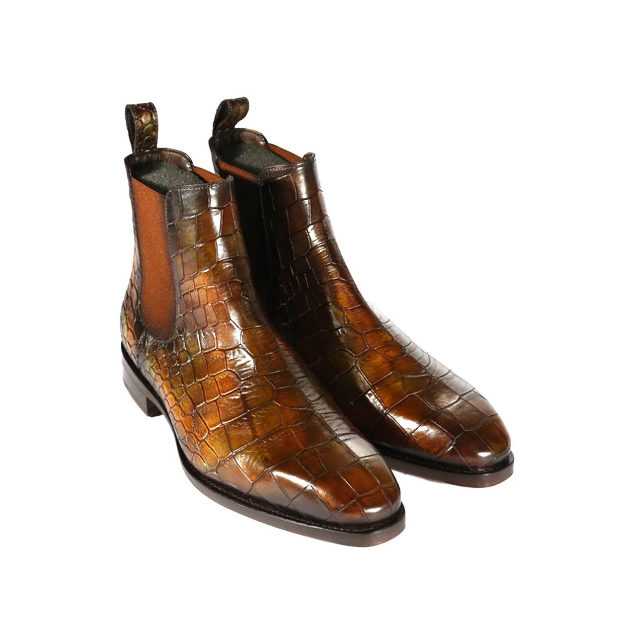 Ambrogio Men's Handmade Custom Made Shoes Forest Green Crocodile Print / Cairo Patina Leather Chelsea Boots (AMB1639)