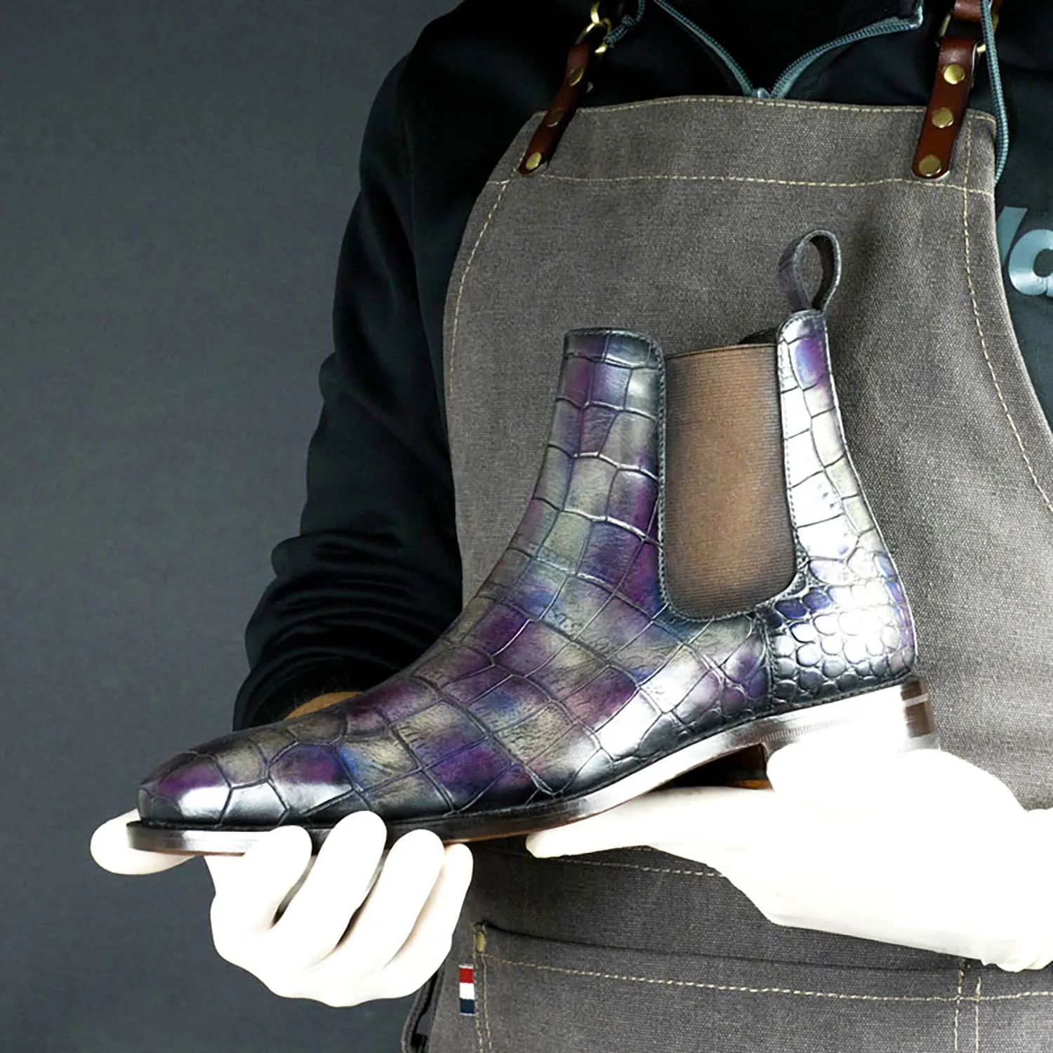 Ambrogio Men's Handmade Custom Made Shoes Gray & Purple Crocodile Print / Alexandria Patina Leather Chelsea Boots (AMB1640)