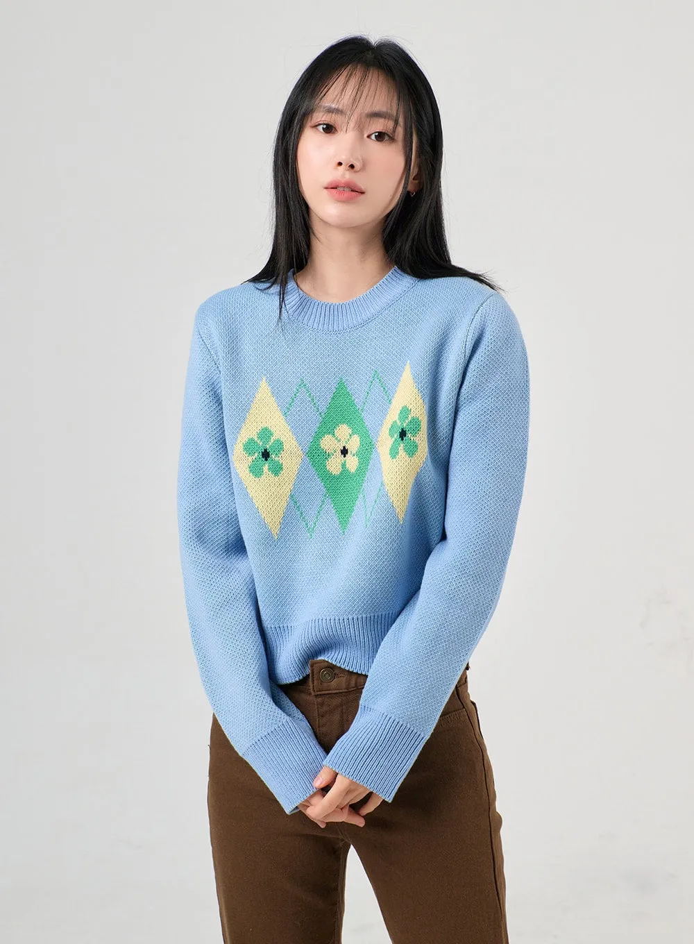 Argyle Pattern Crew Neck Sweater OF405