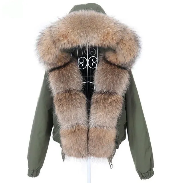 Army Green Women's Thick Warm Fur Full Sleeved Hooded Winter Jackets