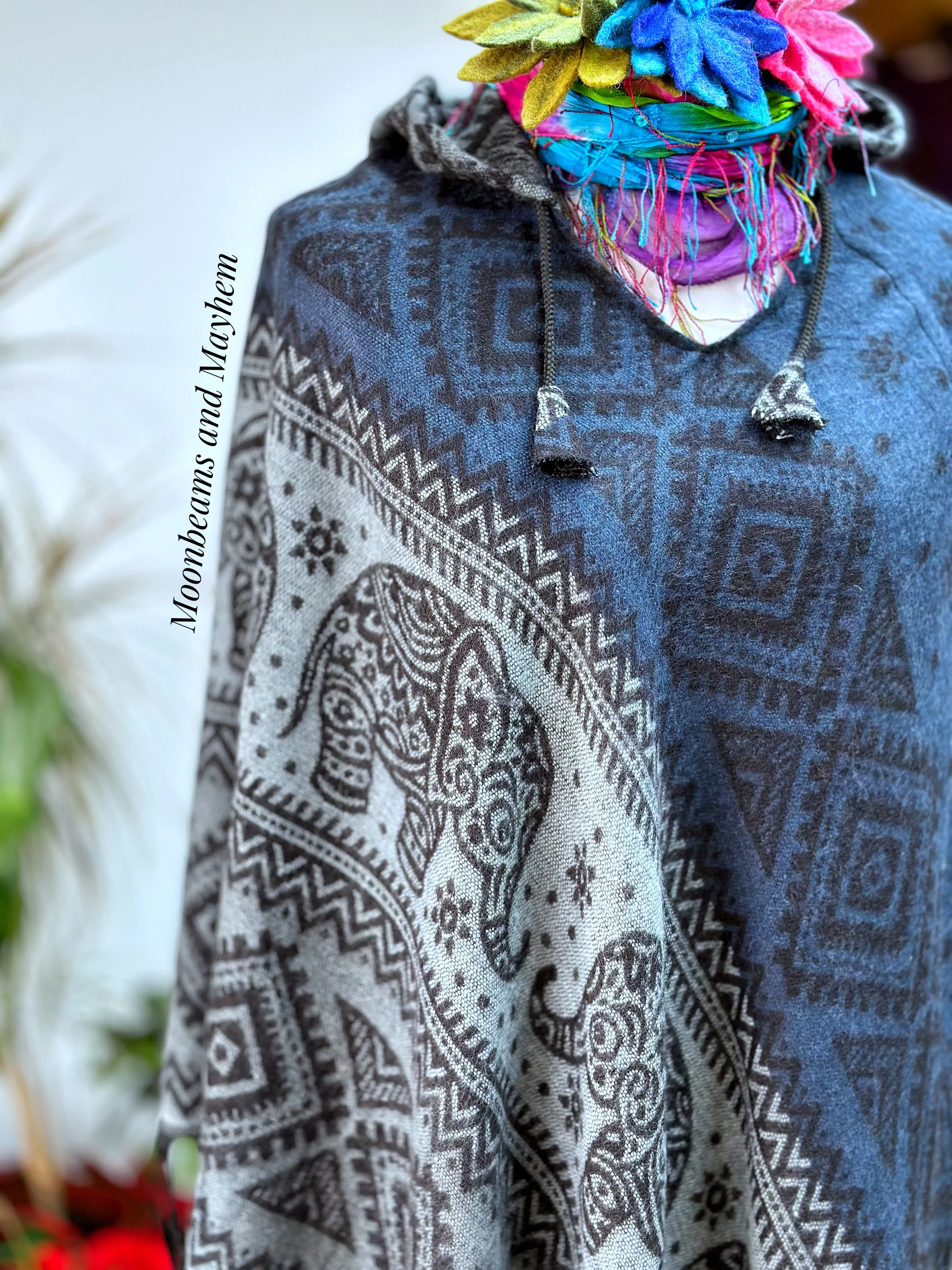 BLUE INDIAN ELEPHANT HOODED PONCHO