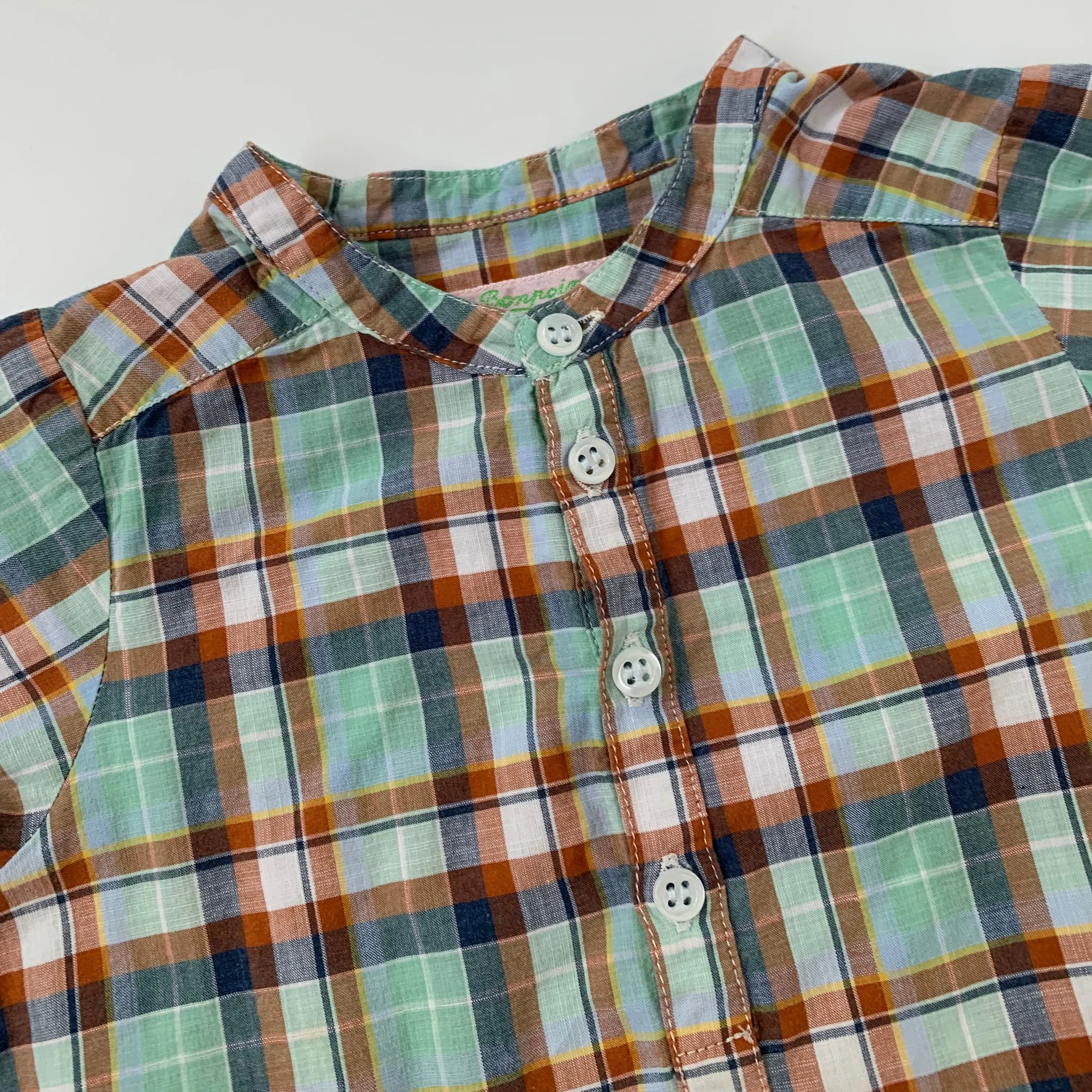 Bonpoint Check Collarless Short Sleeve Shirt: 3 Years