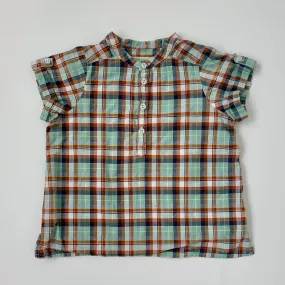 Bonpoint Check Collarless Short Sleeve Shirt: 3 Years