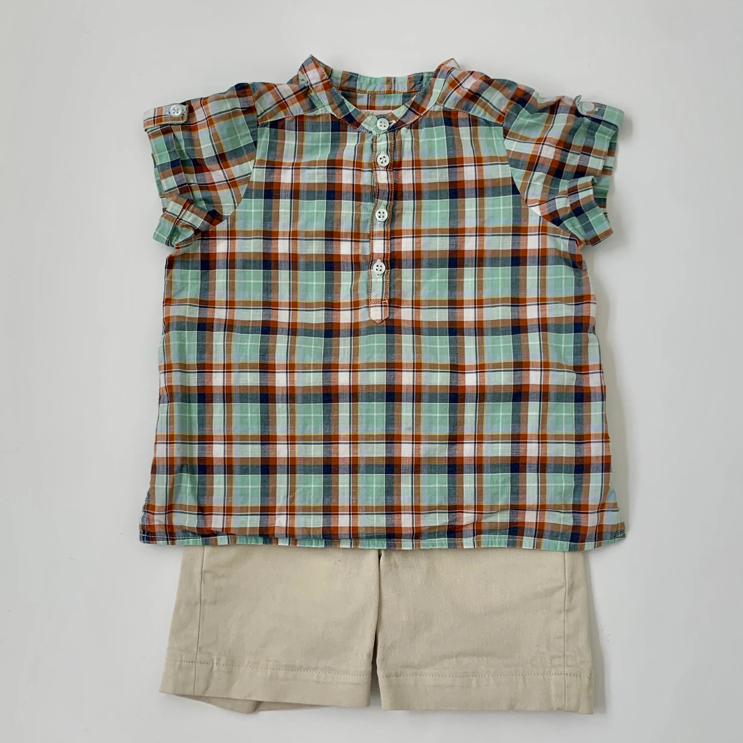 Bonpoint Check Collarless Short Sleeve Shirt: 3 Years