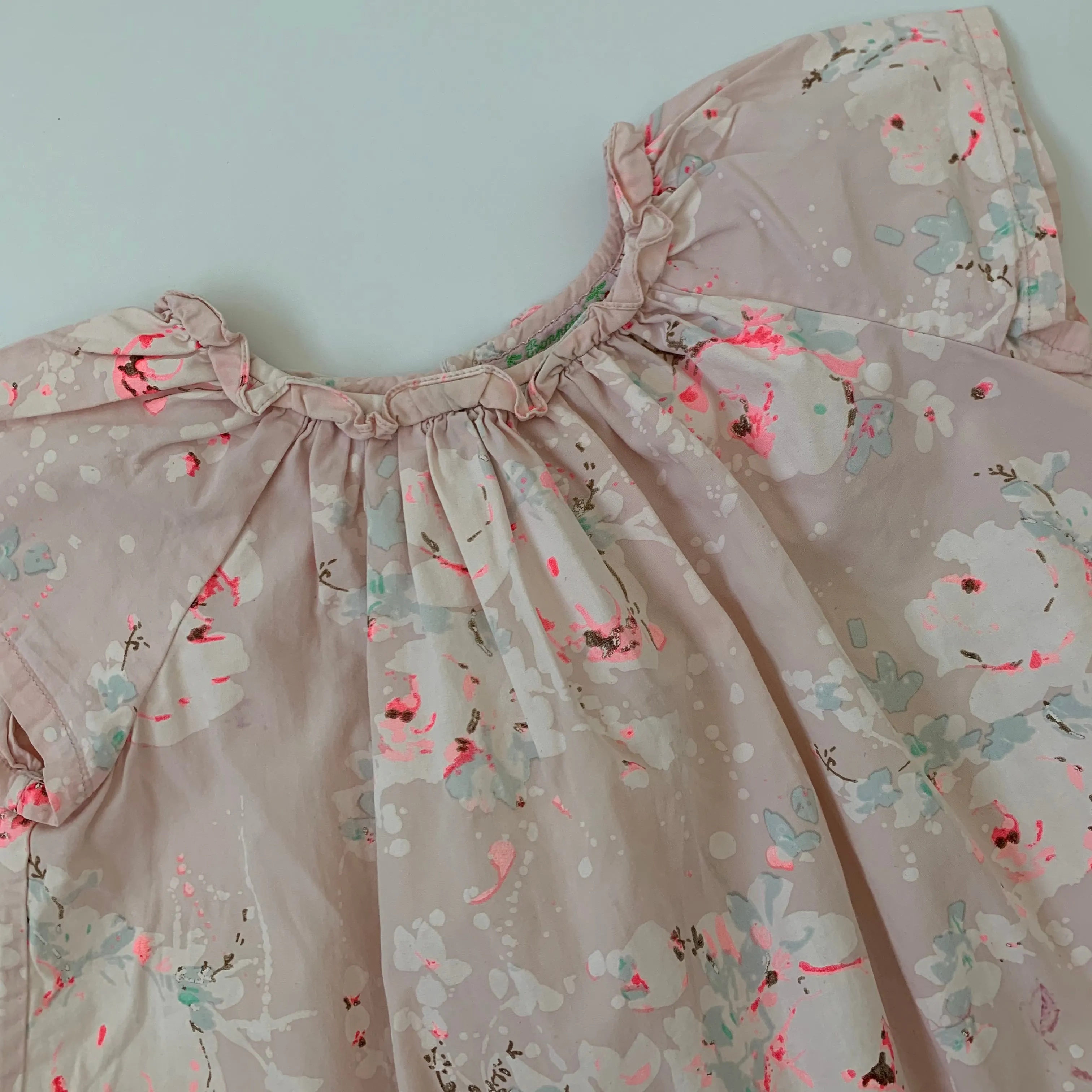 Bonpoint Pale Pink Rose Print Blouse With Neon: 4 Years