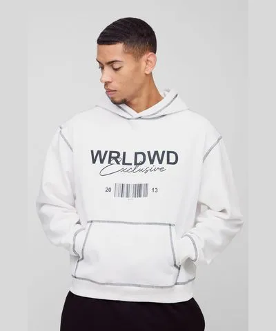 boohooMAN Mens Oversized Boxy Contrast Stitch WRLDWD Graphic Hoodie