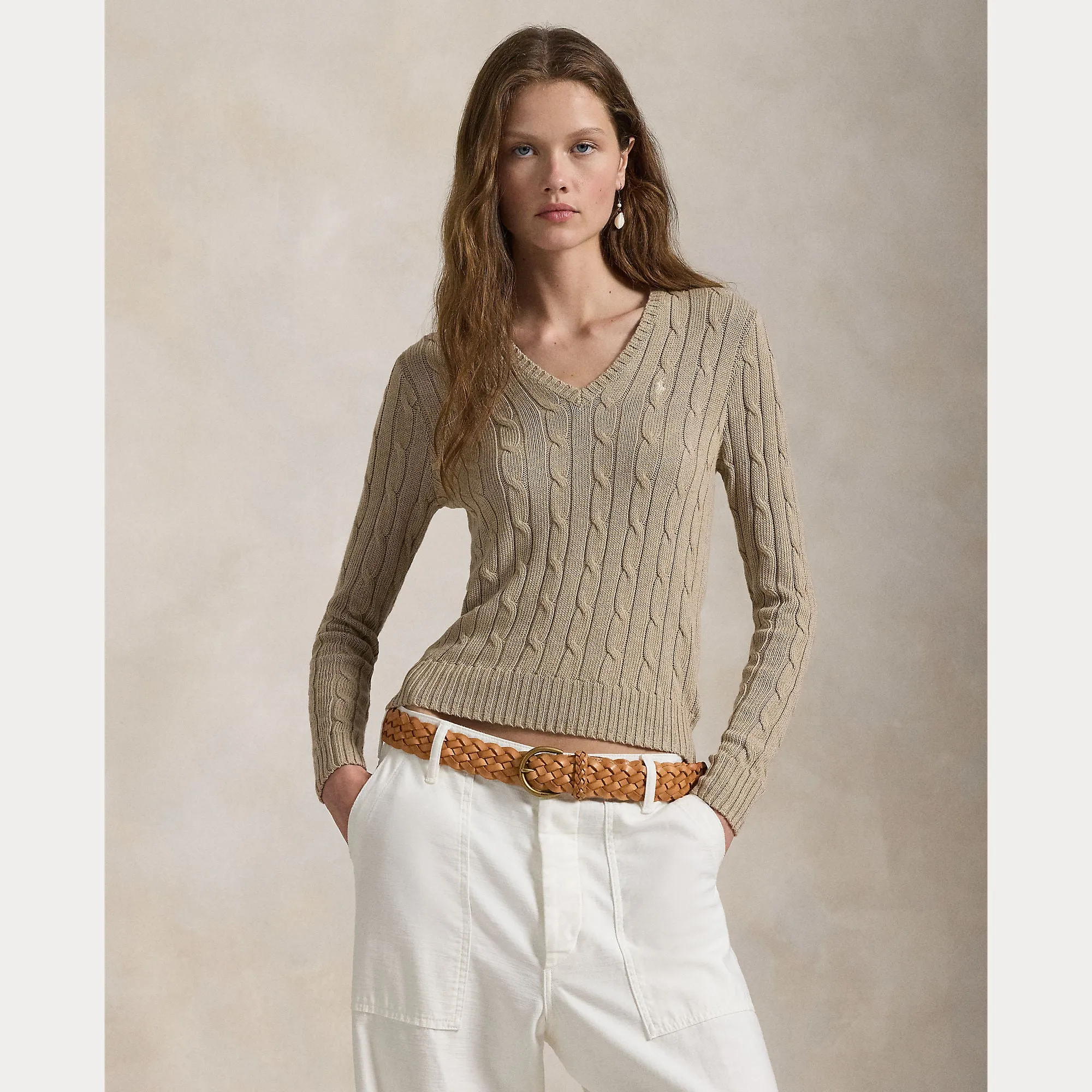 CABLE-KNIT COTTON V-NECK SWEATER