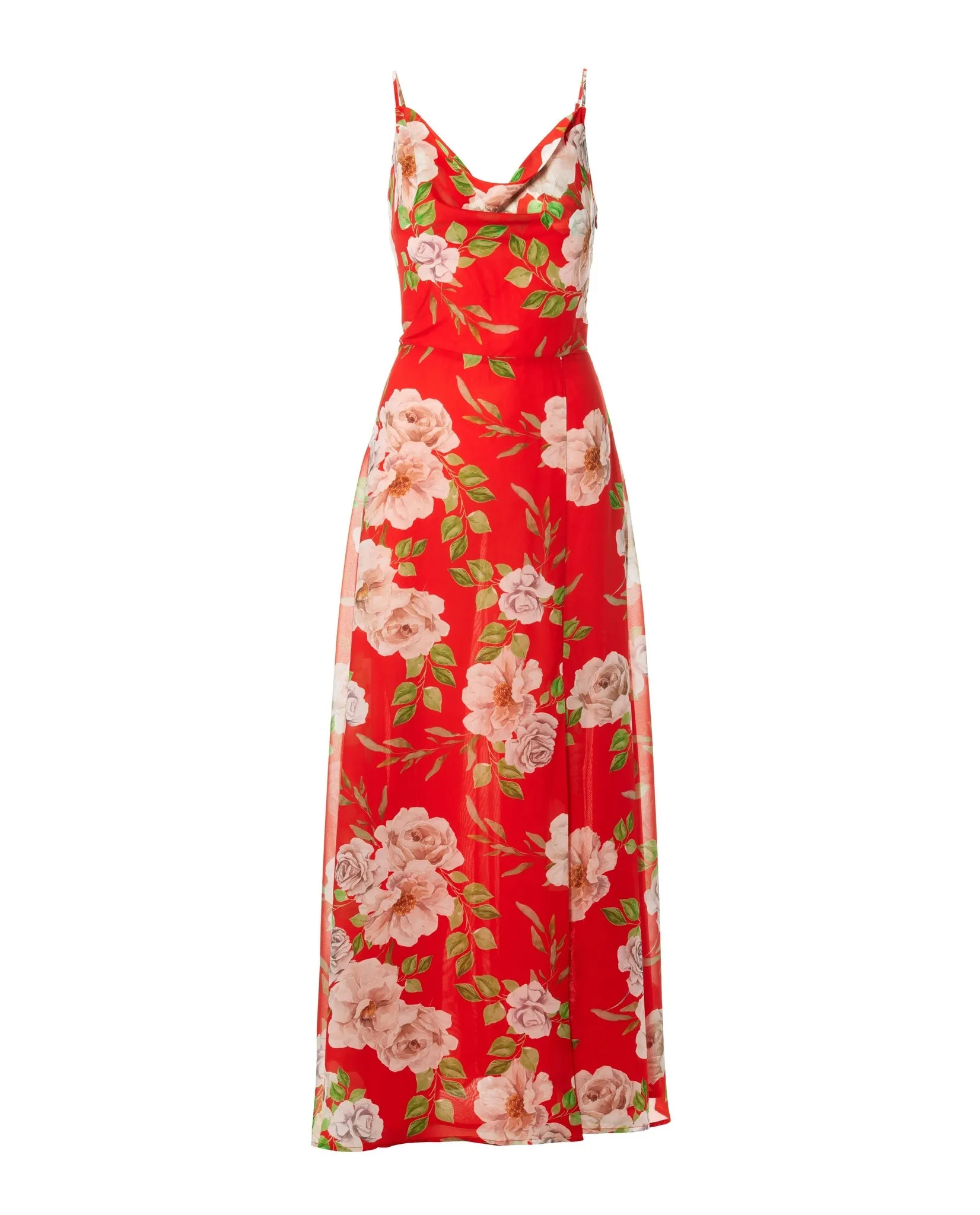 Caliente Floral Print Cowl Neck Slit Maxi Dress Orange/Red