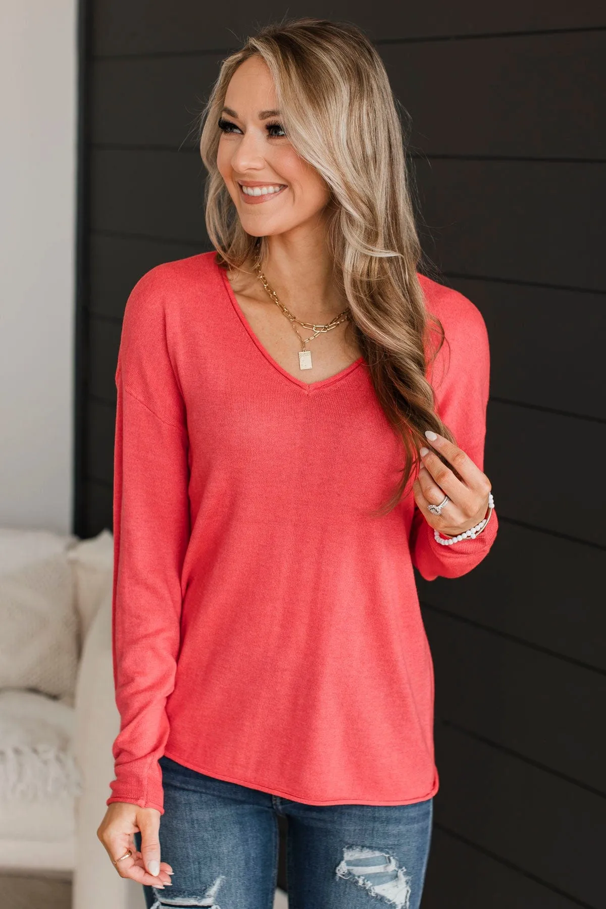 Catching Looks V-Neck Sweater- Coral