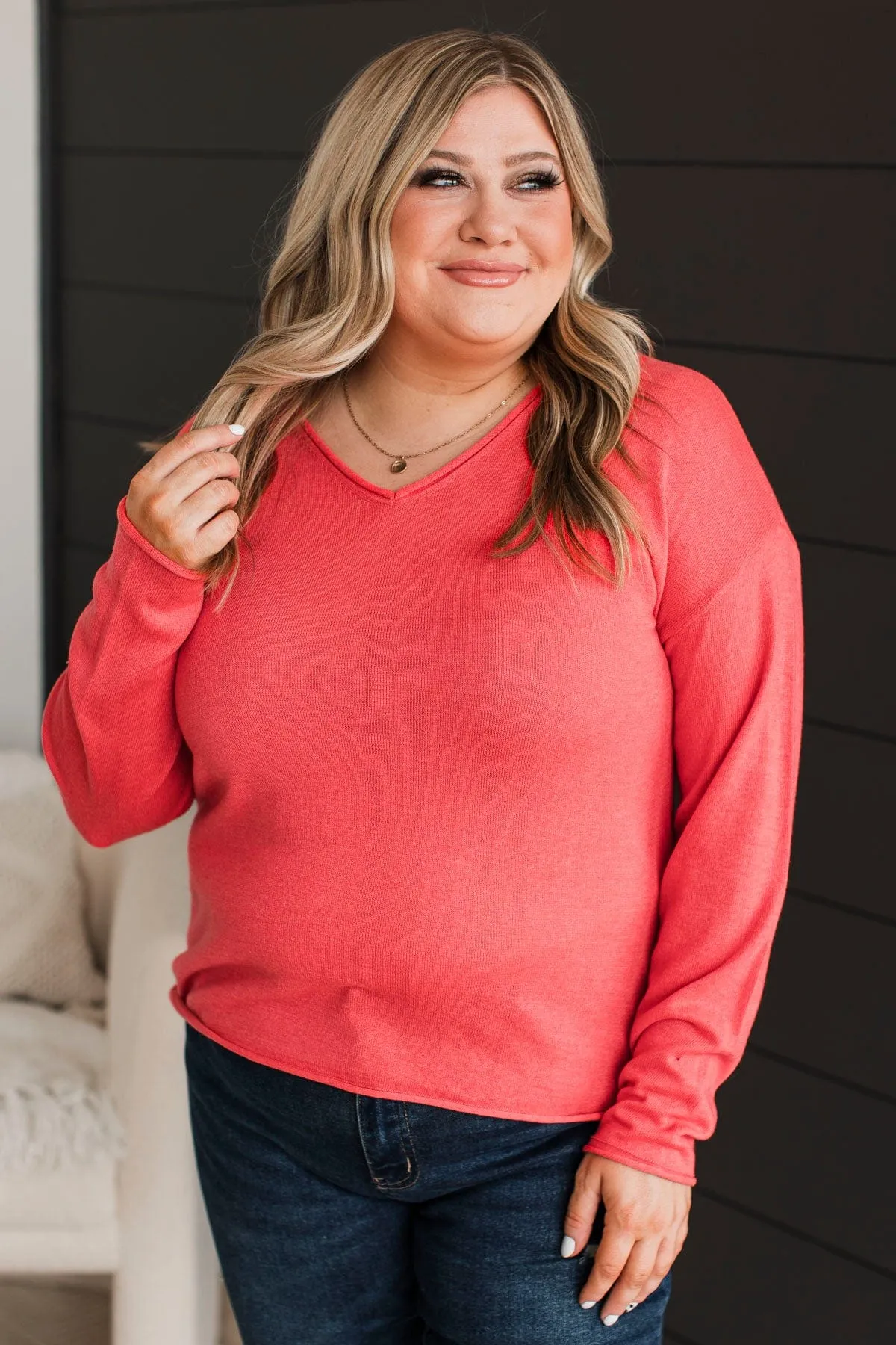 Catching Looks V-Neck Sweater- Coral