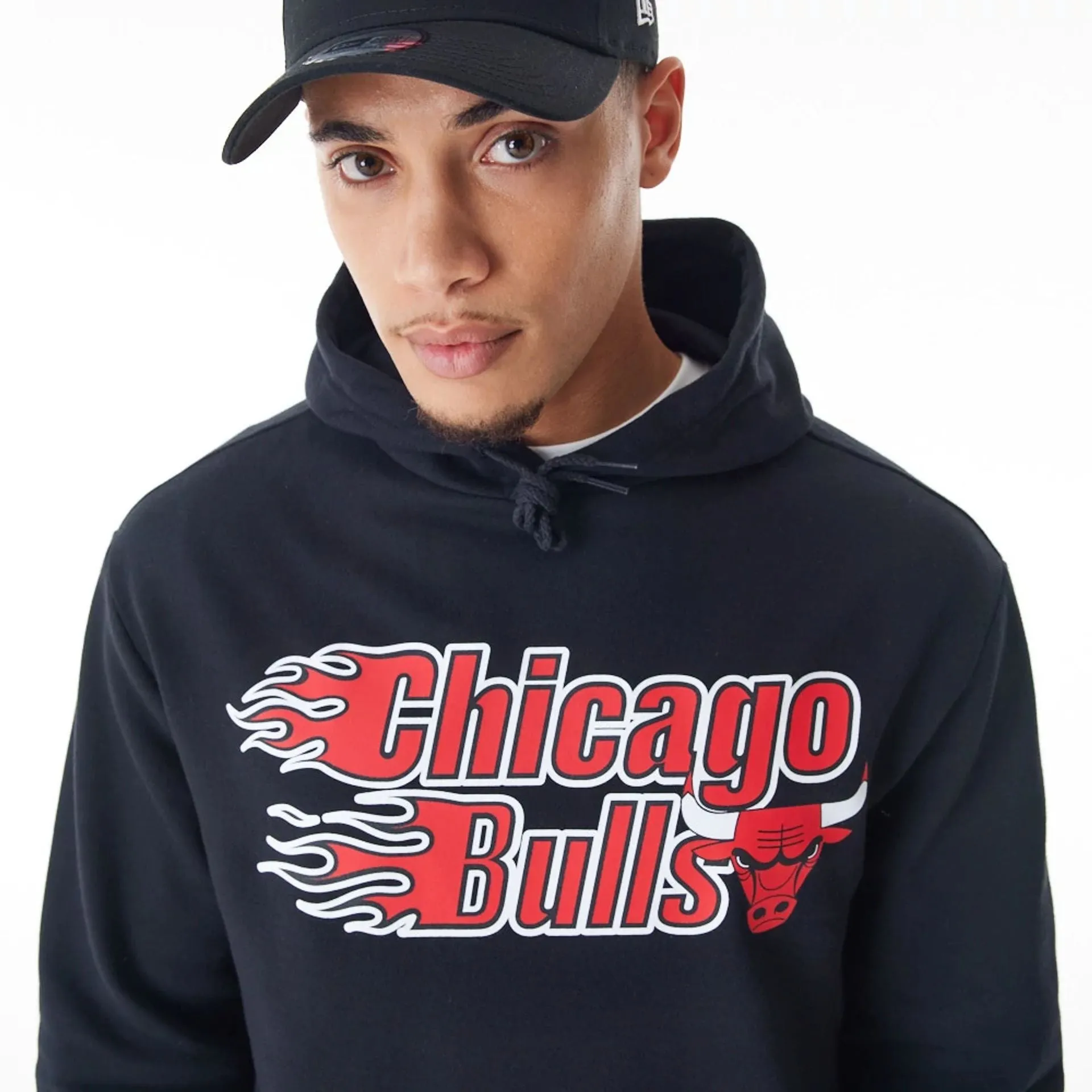 Chicago Bulls NBA Flame Print Black Oversized Pullover Hoodie