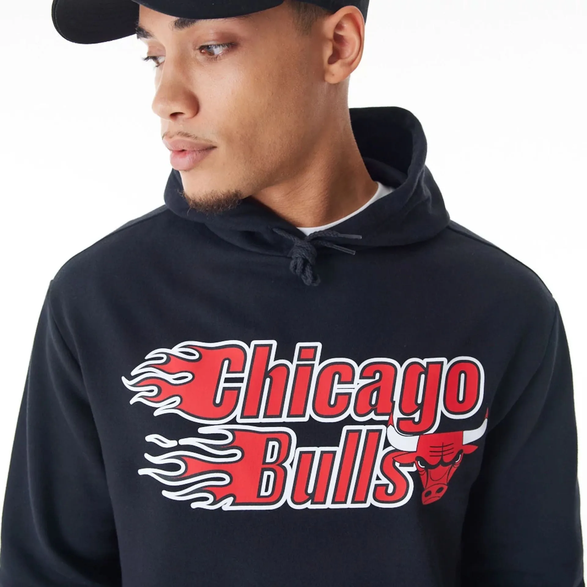 Chicago Bulls NBA Flame Print Black Oversized Pullover Hoodie