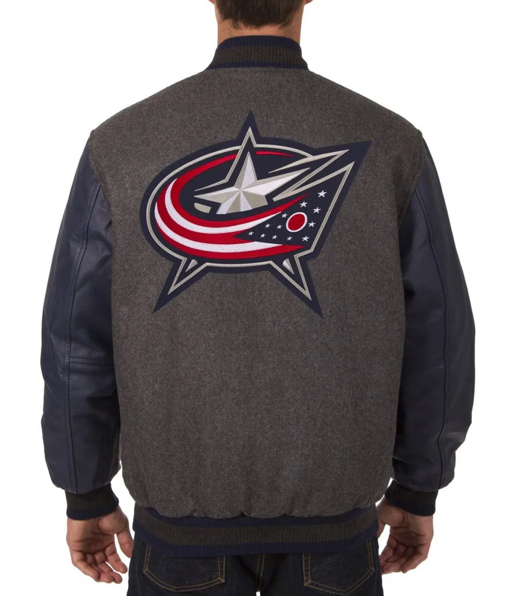 Columbus Blue Jackets Letterman Grey and Blue Jacket