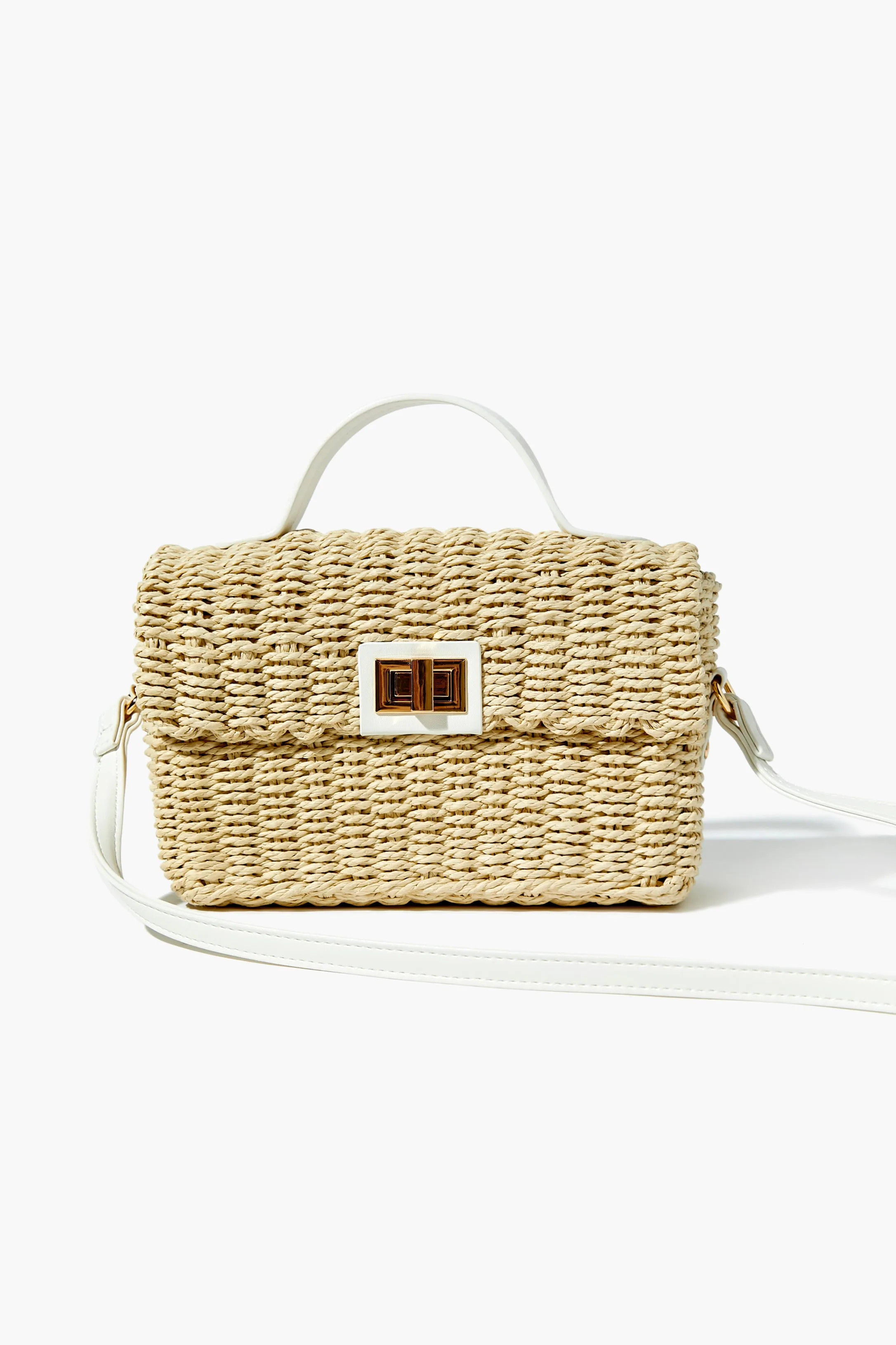 Contrast-Trim Basketwoven Crossbody Bag