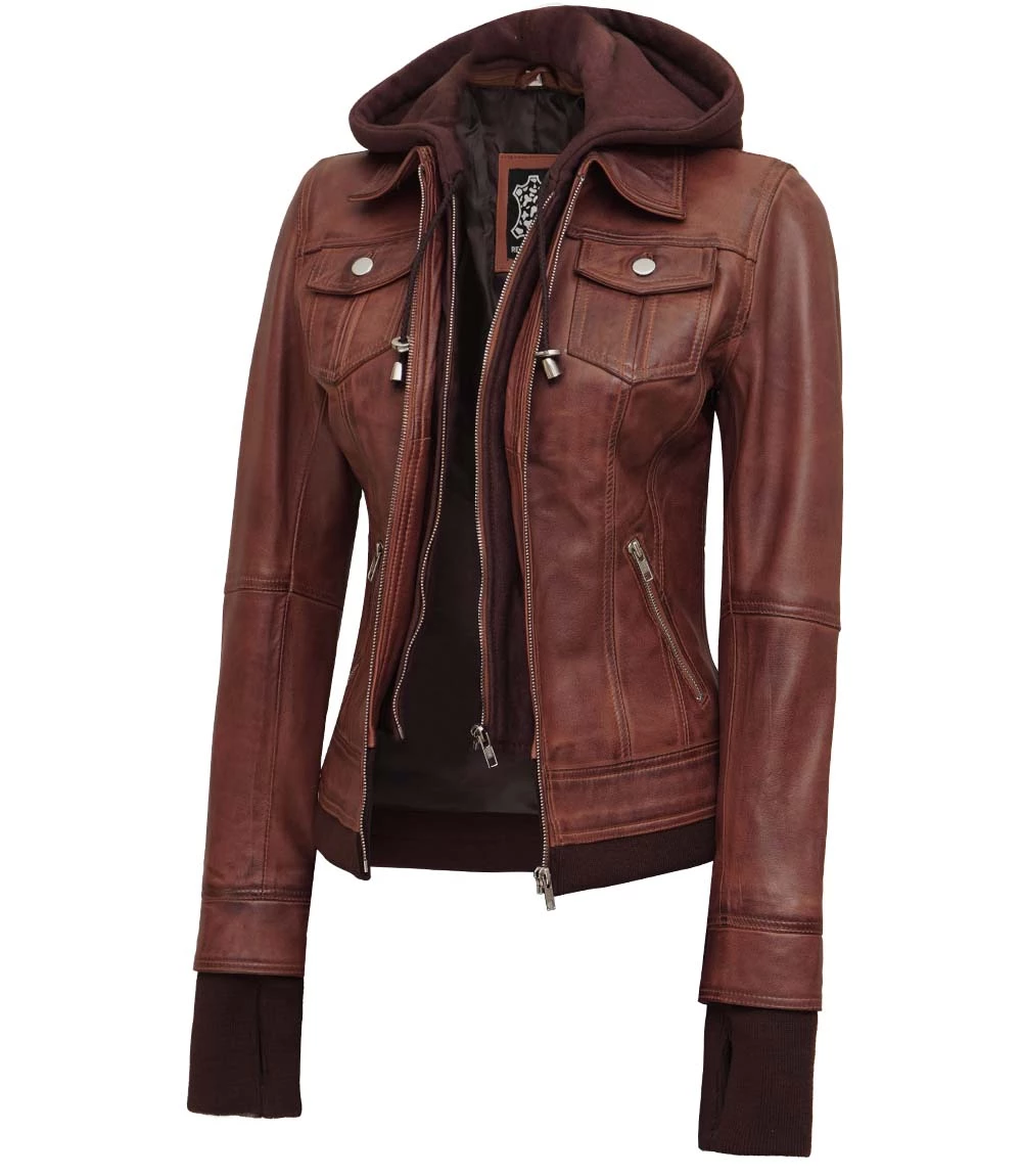 Dark Brown Women's Bomber Leather Jacket with Removable Hood