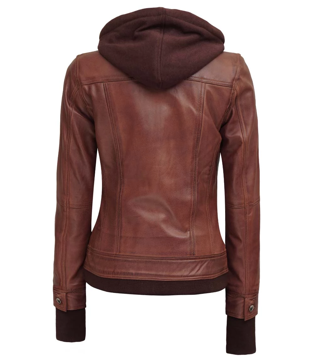 Dark Brown Women's Bomber Leather Jacket with Removable Hood