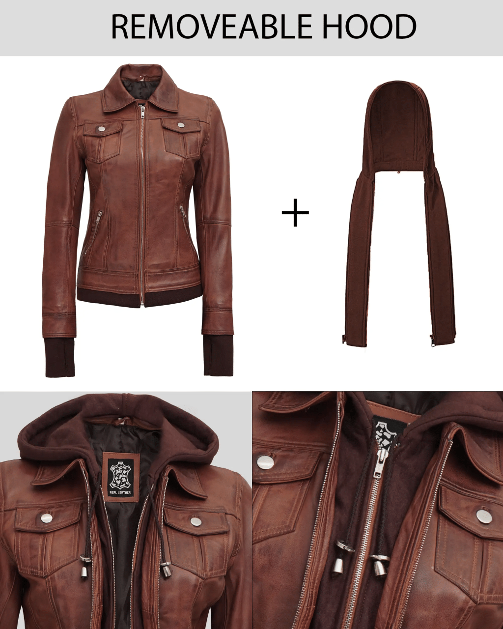 Dark Brown Women's Bomber Leather Jacket with Removable Hood