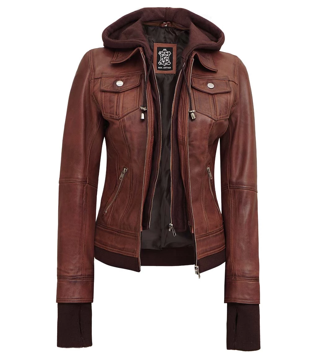 Dark Brown Women's Bomber Leather Jacket with Removable Hood