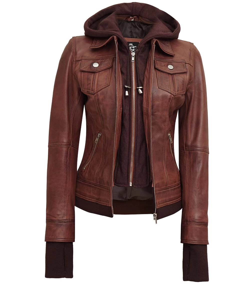 Dark Brown Women's Bomber Leather Jacket with Removable Hood