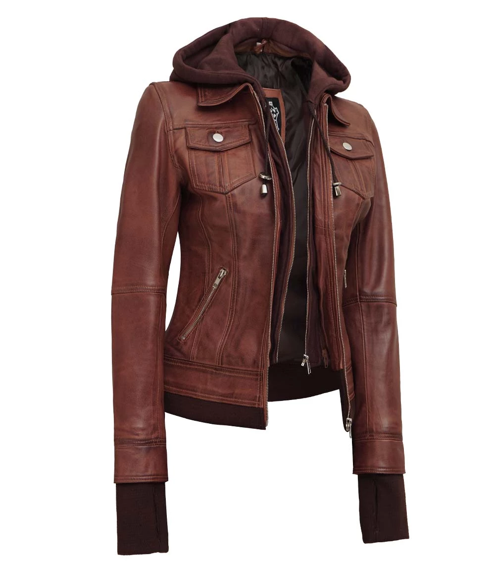 Dark Brown Women's Bomber Leather Jacket with Removable Hood