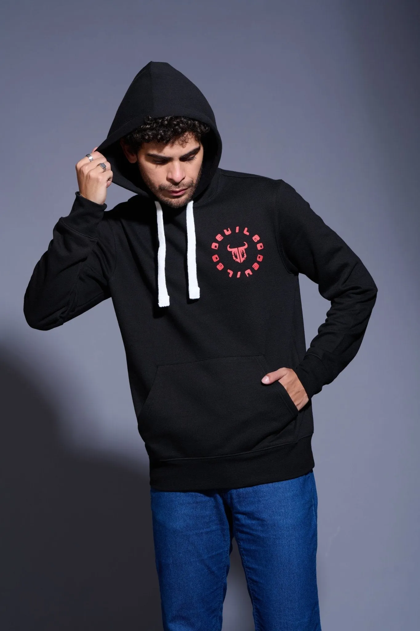 Devil in Red Printed Black Hoodie for Men