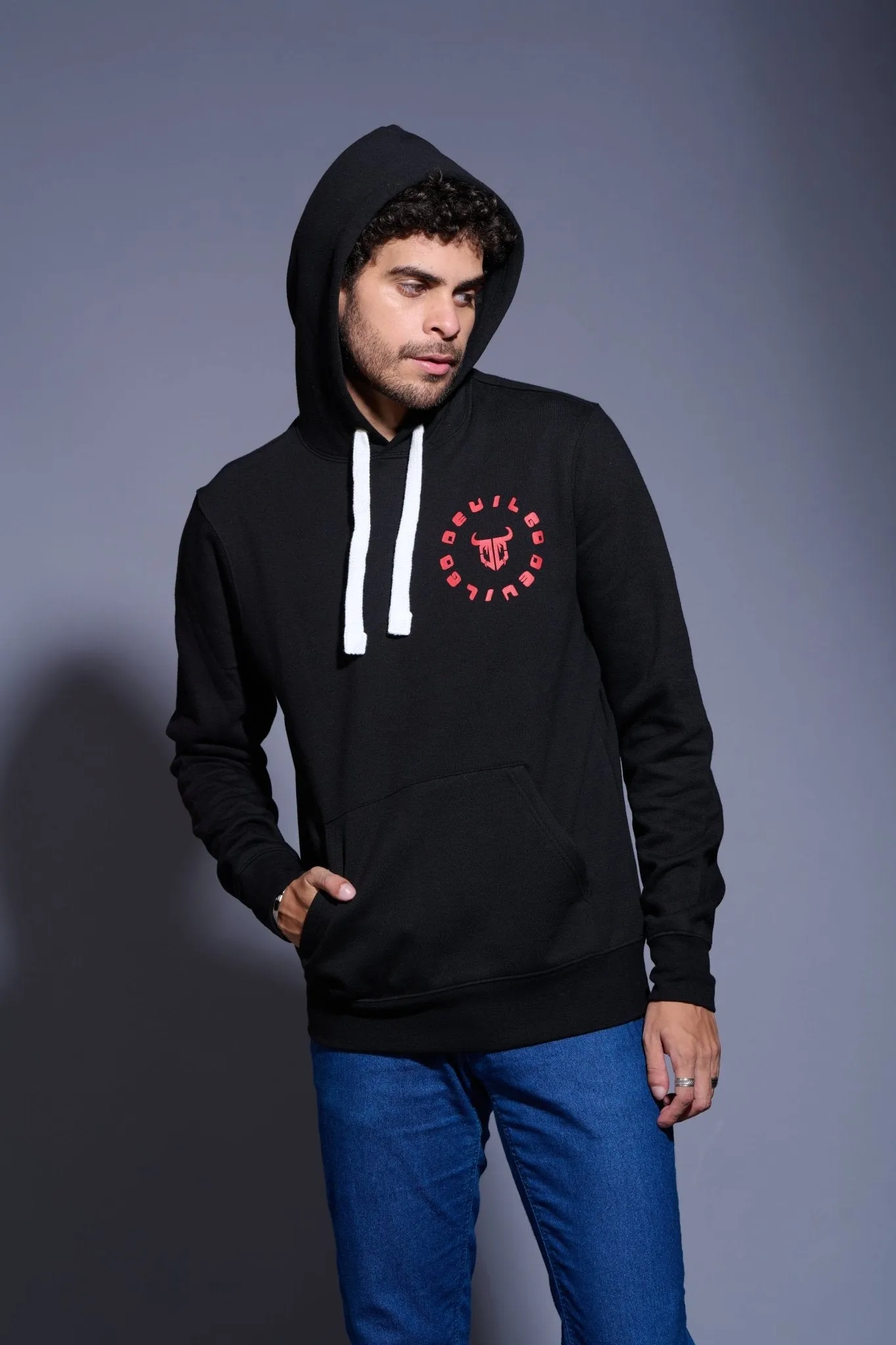 Devil in Red Printed Black Hoodie for Men