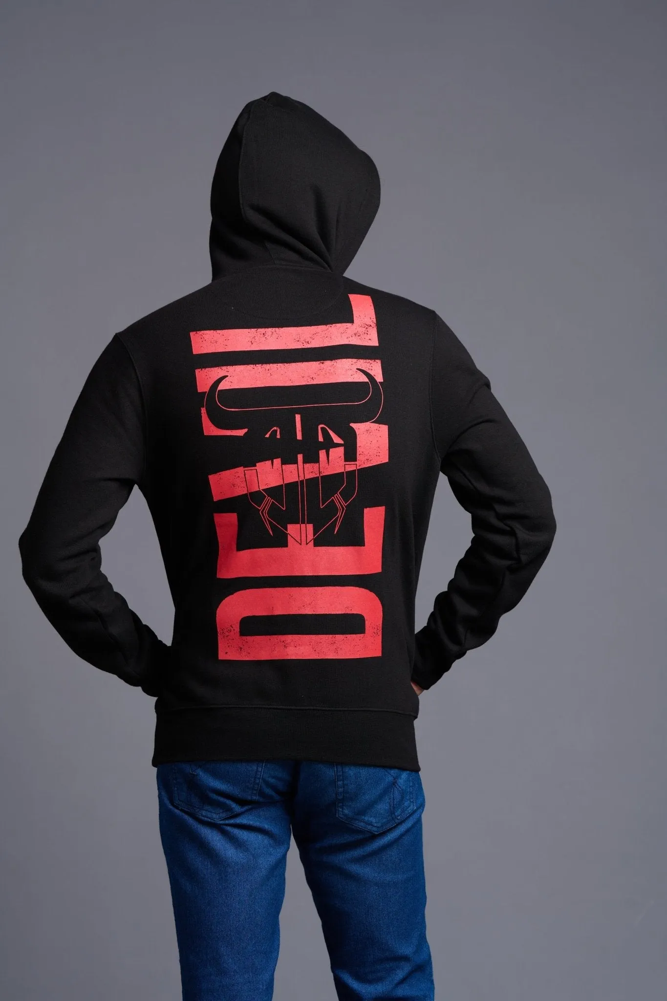 Devil in Red Printed Black Hoodie for Men