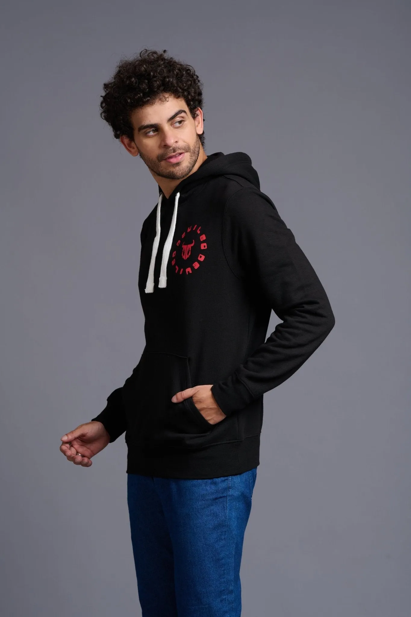 Devil in Red Printed Black Hoodie for Men